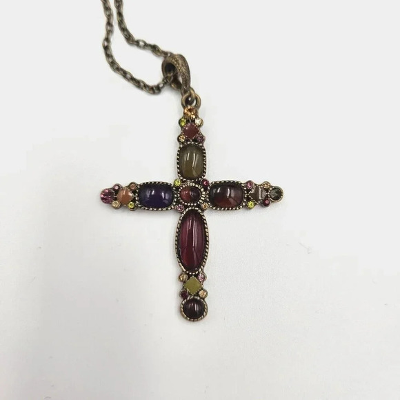 Premier Designs Vintage Bronze Oval Link Chain Cross Pendant Bezel Set‎ Crystals - Picture 2 of 5